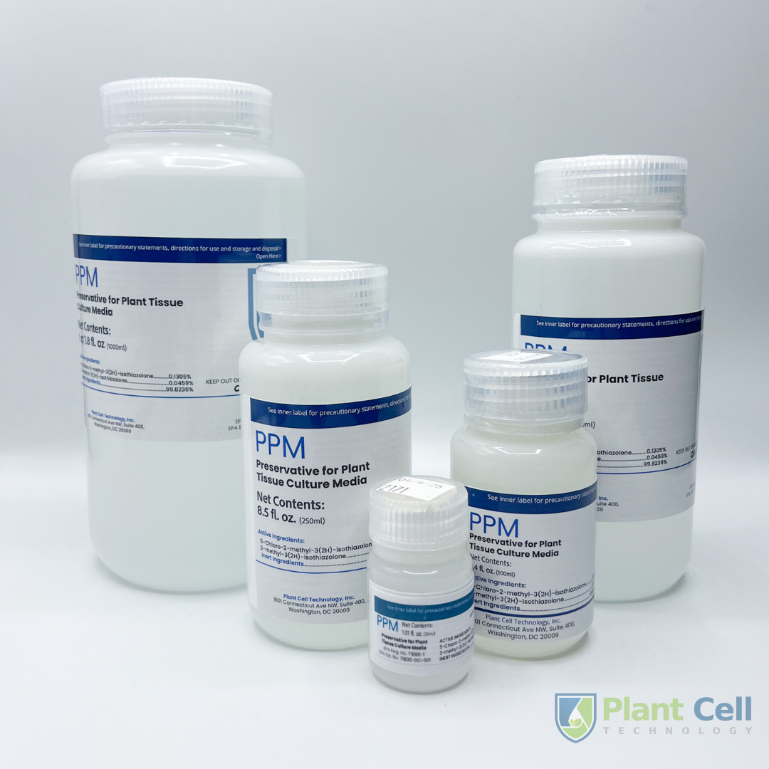 Image of PPM™ bottles of various sizes: opaque white bottle, 'PPM Preservative for Plant Tissue Culture Media' title, and product details.