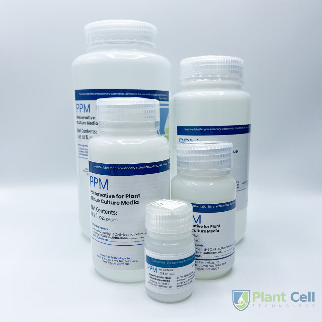 Image of PPM™ bottles of various sizes: opaque white bottle, 'PPM Preservative for Plant Tissue Culture Media' title, and product details.