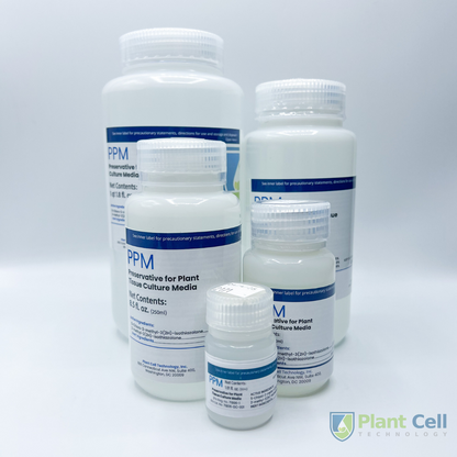 Image of PPM™ bottles of various sizes: opaque white bottle, 'PPM Preservative for Plant Tissue Culture Media' title, and product details.