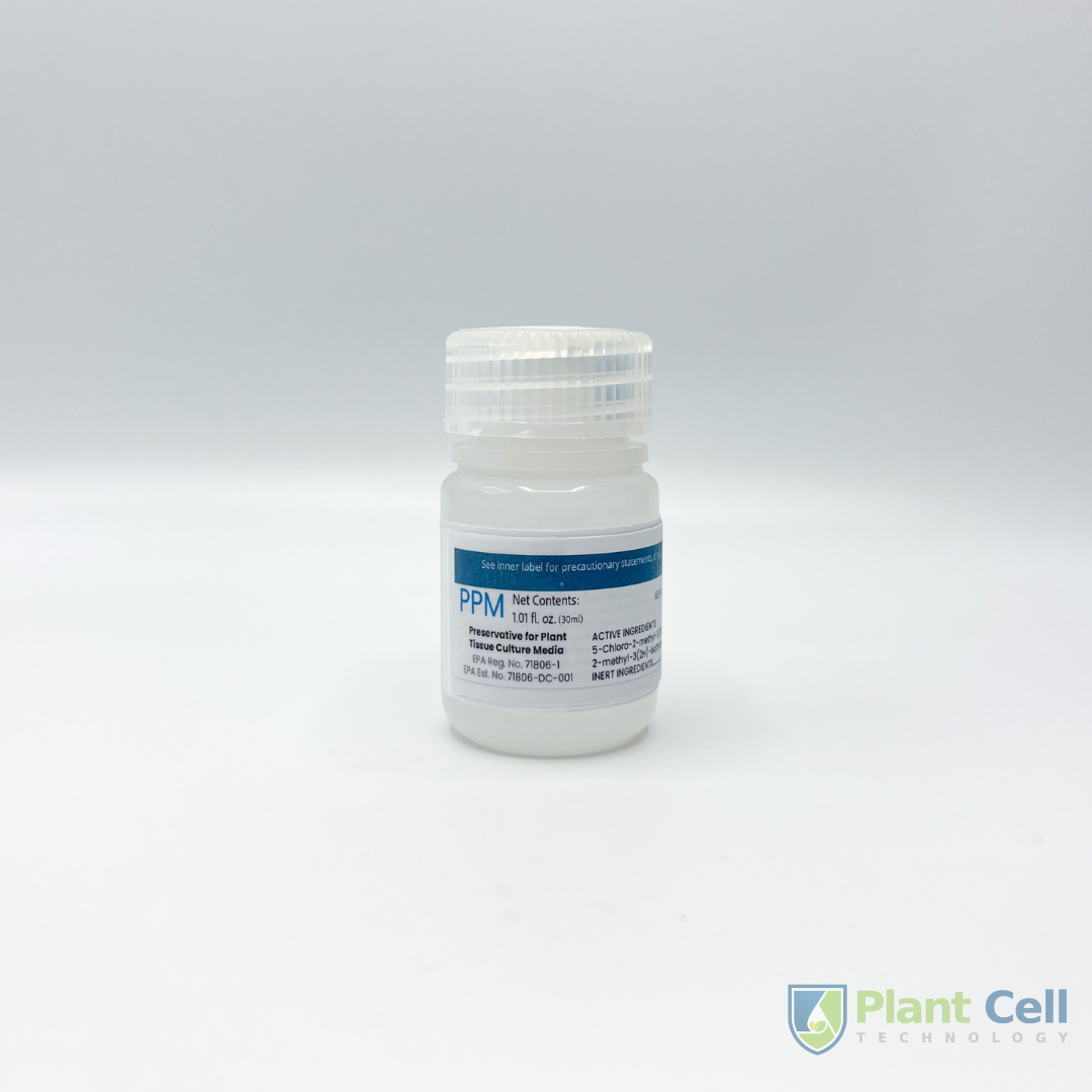 Image of PPM™ small size: opaque white bottle, with PCT Logo, 'PPM Preservative for Plant Tissue Culture Media' title, and product details.