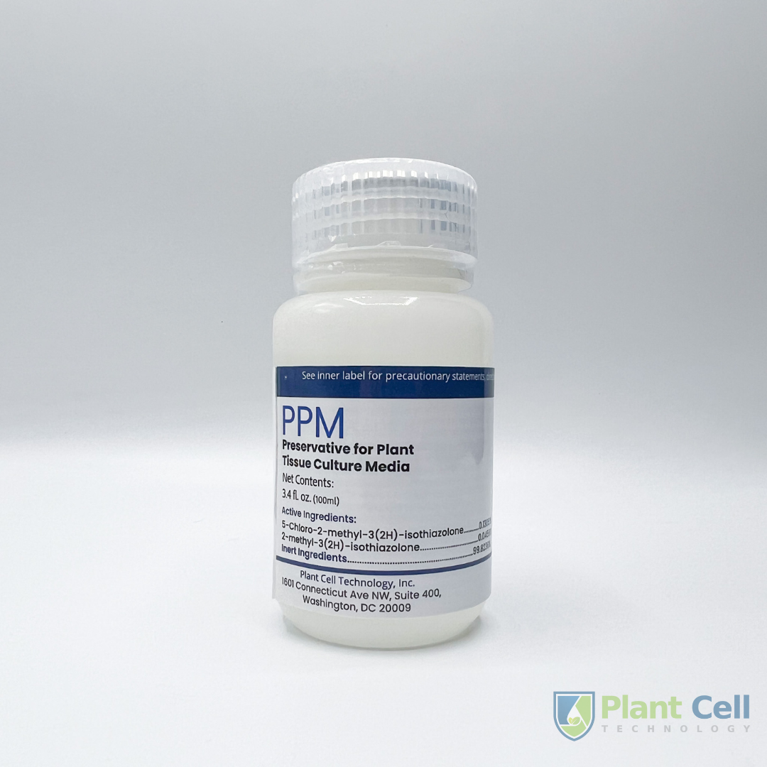Image of PPM™ medium size: opaque white bottle, with PCT Logo, 'PPM Preservative for Plant Tissue Culture Media' title, and product details.