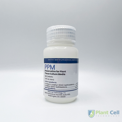 Image of PPM™ medium size: opaque white bottle, with PCT Logo, 'PPM Preservative for Plant Tissue Culture Media' title, and product details.