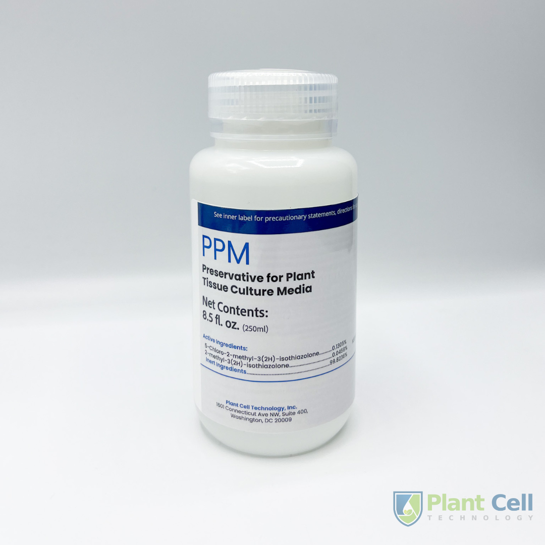 Image of PPM™ large size: opaque white bottle, with PCT Logo, 'PPM Preservative for Plant Tissue Culture Media' title, and product details.
