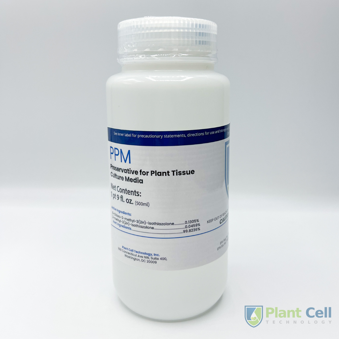 Image of PPM™ large size: opaque white bottle, with PCT Logo, 'PPM Preservative for Plant Tissue Culture Media' title, and product details.