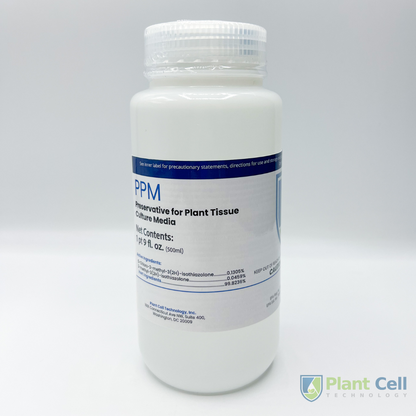 Image of PPM™ large size: opaque white bottle, with PCT Logo, 'PPM Preservative for Plant Tissue Culture Media' title, and product details.