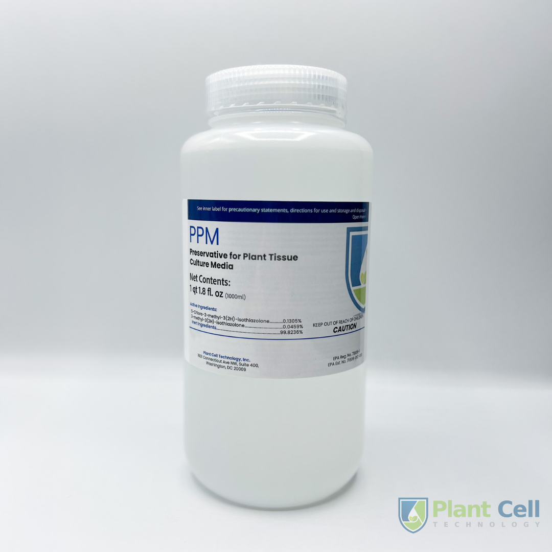Image of PPM™ large size: opaque white bottle, with PCT Logo, 'PPM Preservative for Plant Tissue Culture Media' title, and product details.