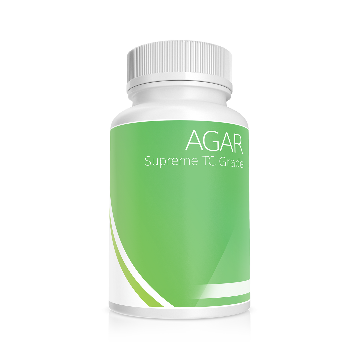 White opaque bottle with green label showcasing Supreme Grade Agar, a solidifying agent derived from seaweed, crucial for optimal growth and differentiation of plant cells in tissue culture.