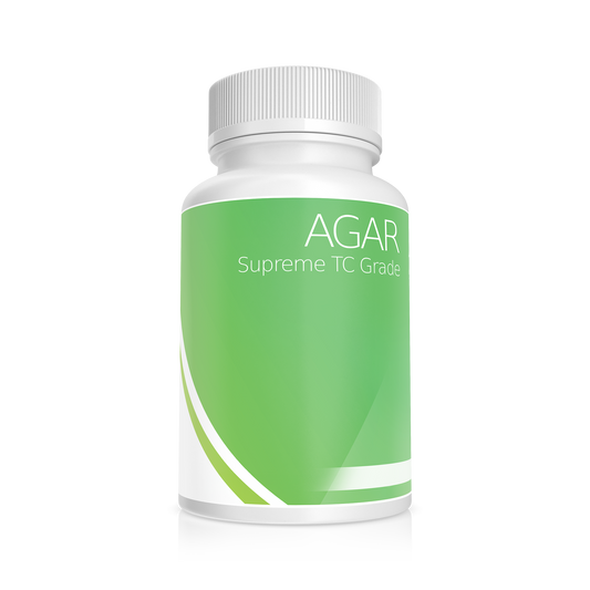 White opaque bottle with green label showcasing Supreme Grade Agar, a solidifying agent derived from seaweed, crucial for optimal growth and differentiation of plant cells in tissue culture.