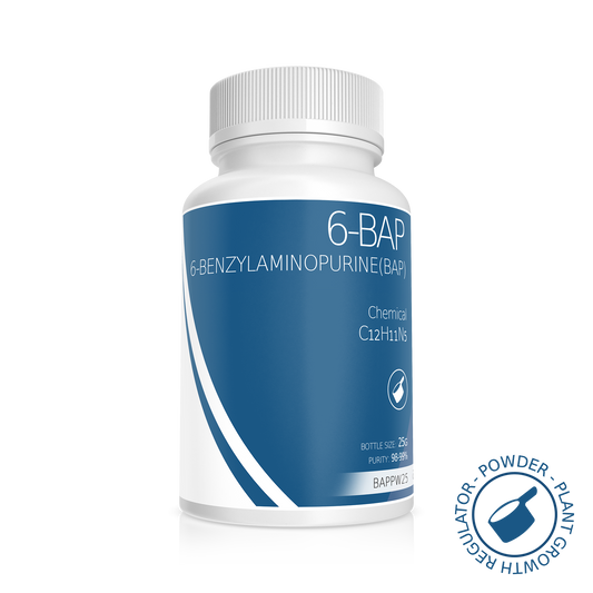 White opaque bottle with blue label showcasing BAP plant growth regulator, commonly used in plant tissue culture to promote cell division and shoot proliferation