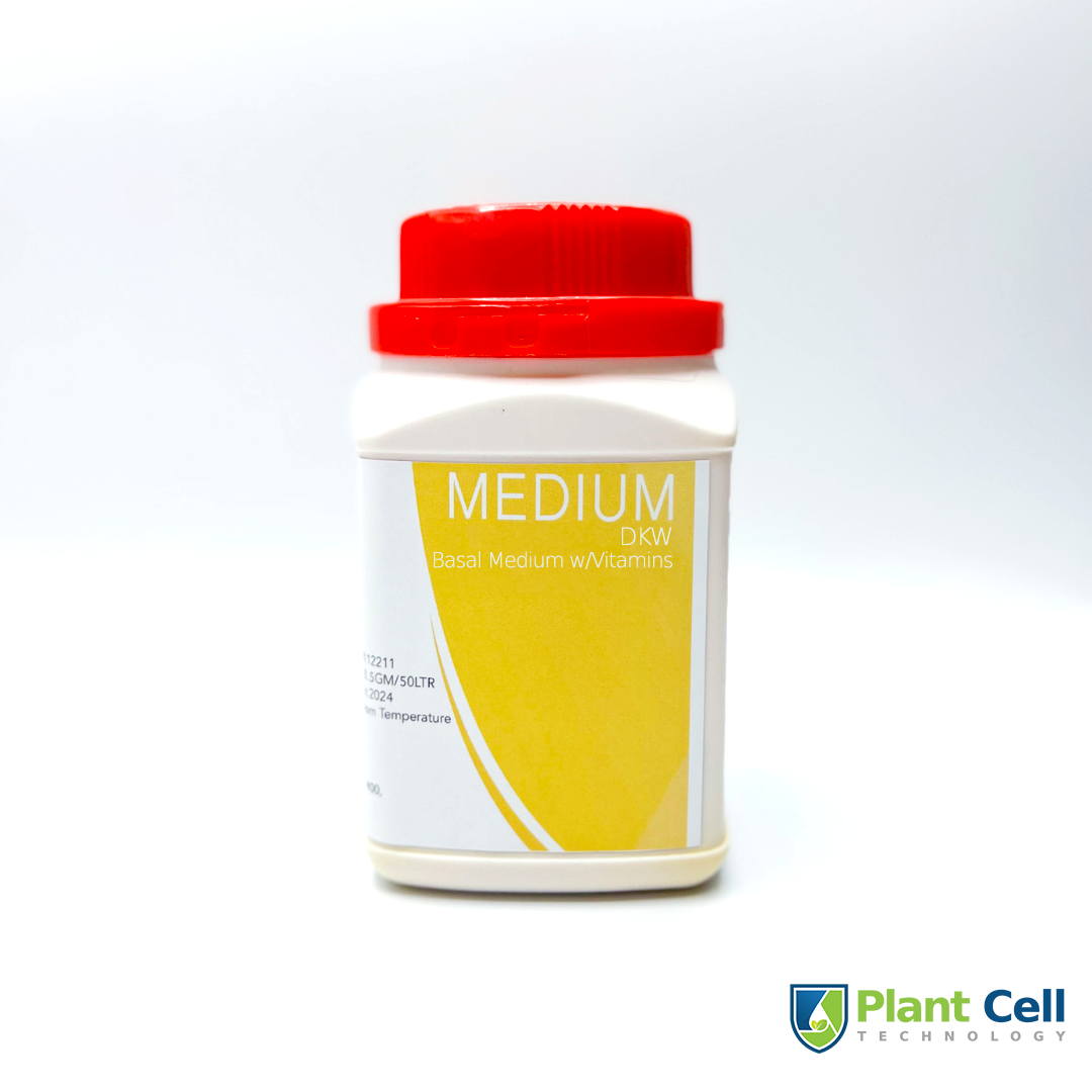 xplore a large container of DKW Basal Medium with vitamins. The opaque white container features a vibrant yellow label red cap.