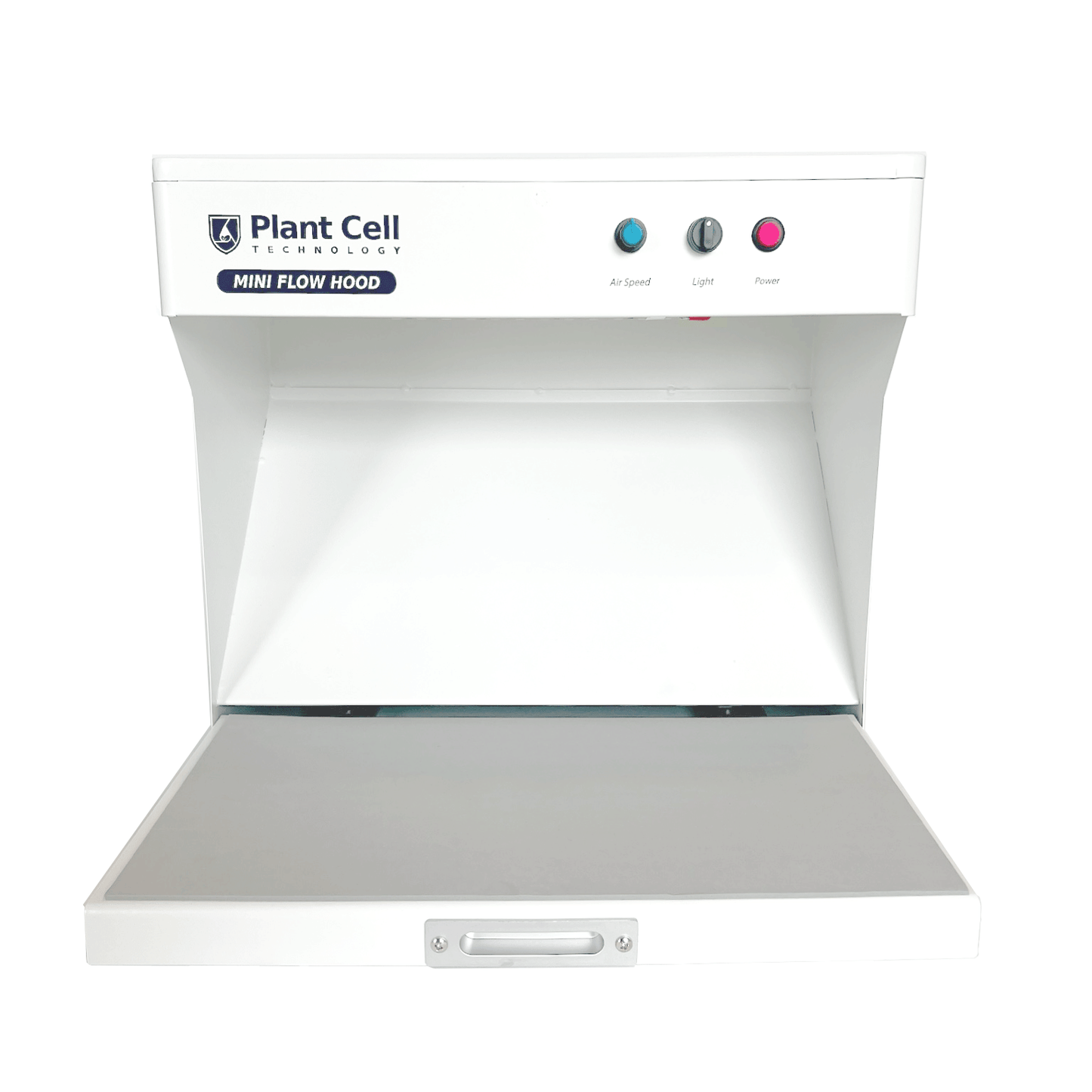 Image of 'The Mini' portable flow hood by Plant Cell Technology, featuring white design with navy blue writing and logo. It showcases multiple light options and adjustable fan strength.