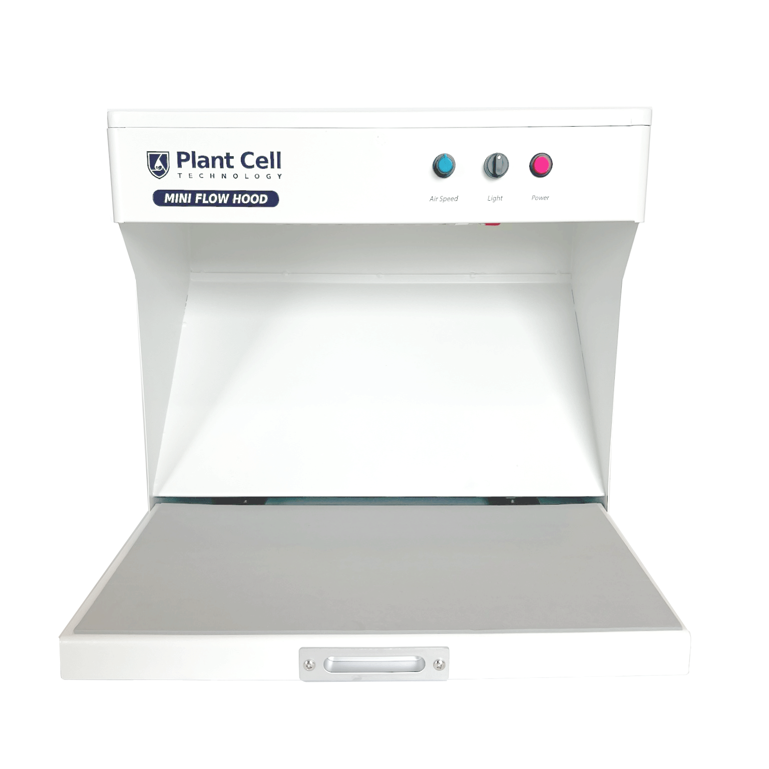 Image of 'The Mini' portable flow hood by Plant Cell Technology, featuring white design with navy blue writing and logo. It showcases multiple light options and adjustable fan strength.