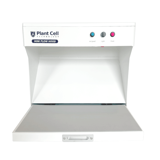 Image of 'The Mini' portable flow hood by Plant Cell Technology, featuring white design with navy blue writing and logo. It showcases multiple light options and adjustable fan strength.