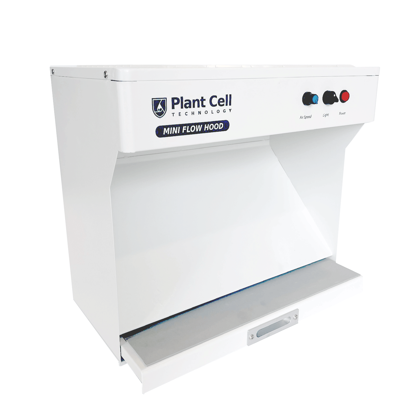 Image of 'The Mini' portable flow hood by Plant Cell Technology, featuring white design with navy blue writing and logo from diagonal angle. It showcases multiple light options and adjustable fan strength.