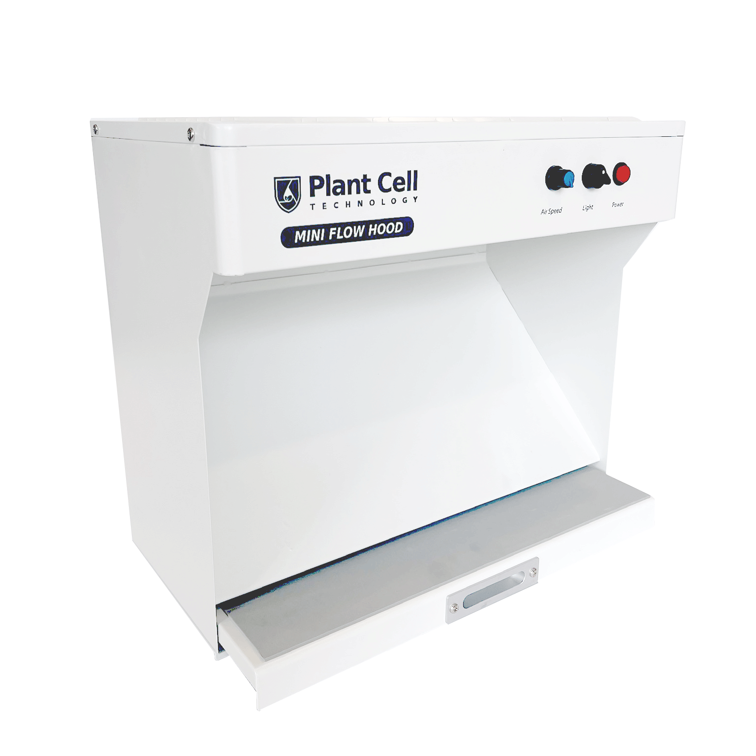 Image of 'The Mini' portable flow hood by Plant Cell Technology, featuring white design with navy blue writing and logo from diagonal angle. It showcases multiple light options and adjustable fan strength.