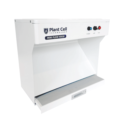 Image of 'The Mini' portable flow hood by Plant Cell Technology, featuring white design with navy blue writing and logo from diagonal angle. It showcases multiple light options and adjustable fan strength.