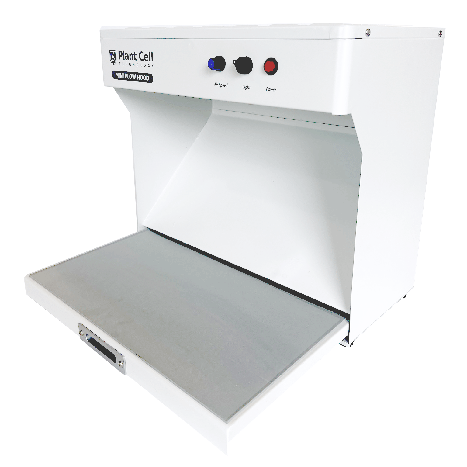 Image of 'The Mini' portable flow hood by Plant Cell Technology, featuring white design with navy blue writing and logo, image is taken from a diagonal angle. It showcases multiple light options and adjustable fan strength.