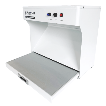 Image of 'The Mini' portable flow hood by Plant Cell Technology, featuring white design with navy blue writing and logo, image is taken from a diagonal angle. It showcases multiple light options and adjustable fan strength.