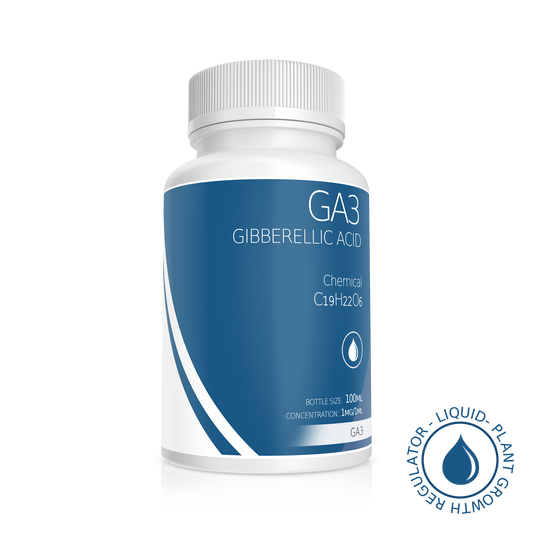 White opaque bottle with blue label showcasing Gibberellic acid (GA3), a crucial plant hormone for various growth and development stages in plants.