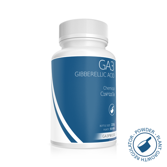 White opaque bottle with blue label showcasing Gibberellic acid (GA3), a crucial plant hormone for various growth and development stages in plants.