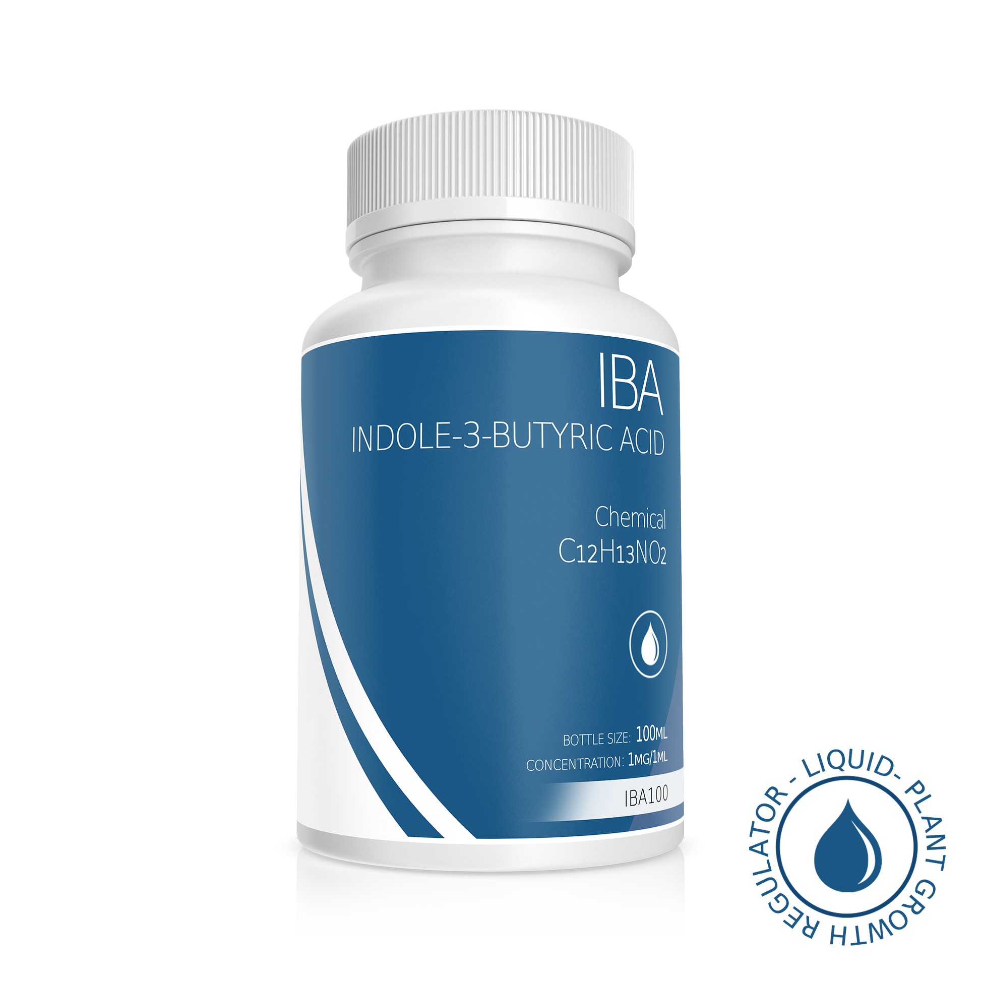 White opaque bottle with blue label featuring IBA plant growth regulator, widely used to promote root growth in plant tissue culture applications.