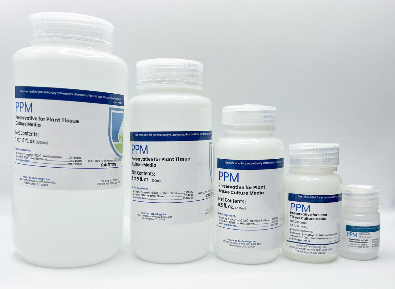 Image of PPM™ bottles in descending size order: opaque white bottles featuring the PCT logo, 'PPM Preservative for Plant Tissue Culture Media' title, and product details.