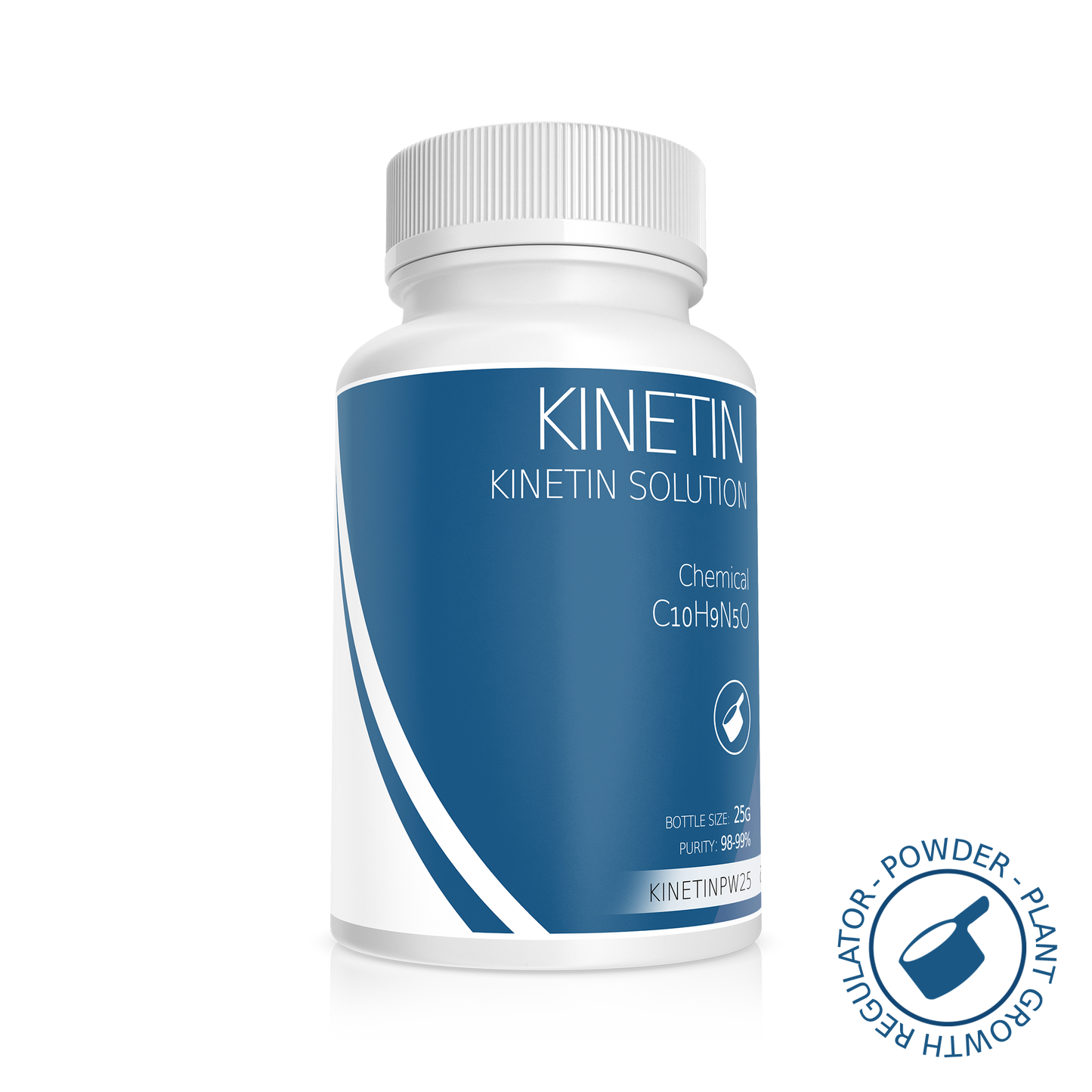 White opaque bottle with blue label listing Kinetin synthetic cytokinin, stimulating cell division in growth media.