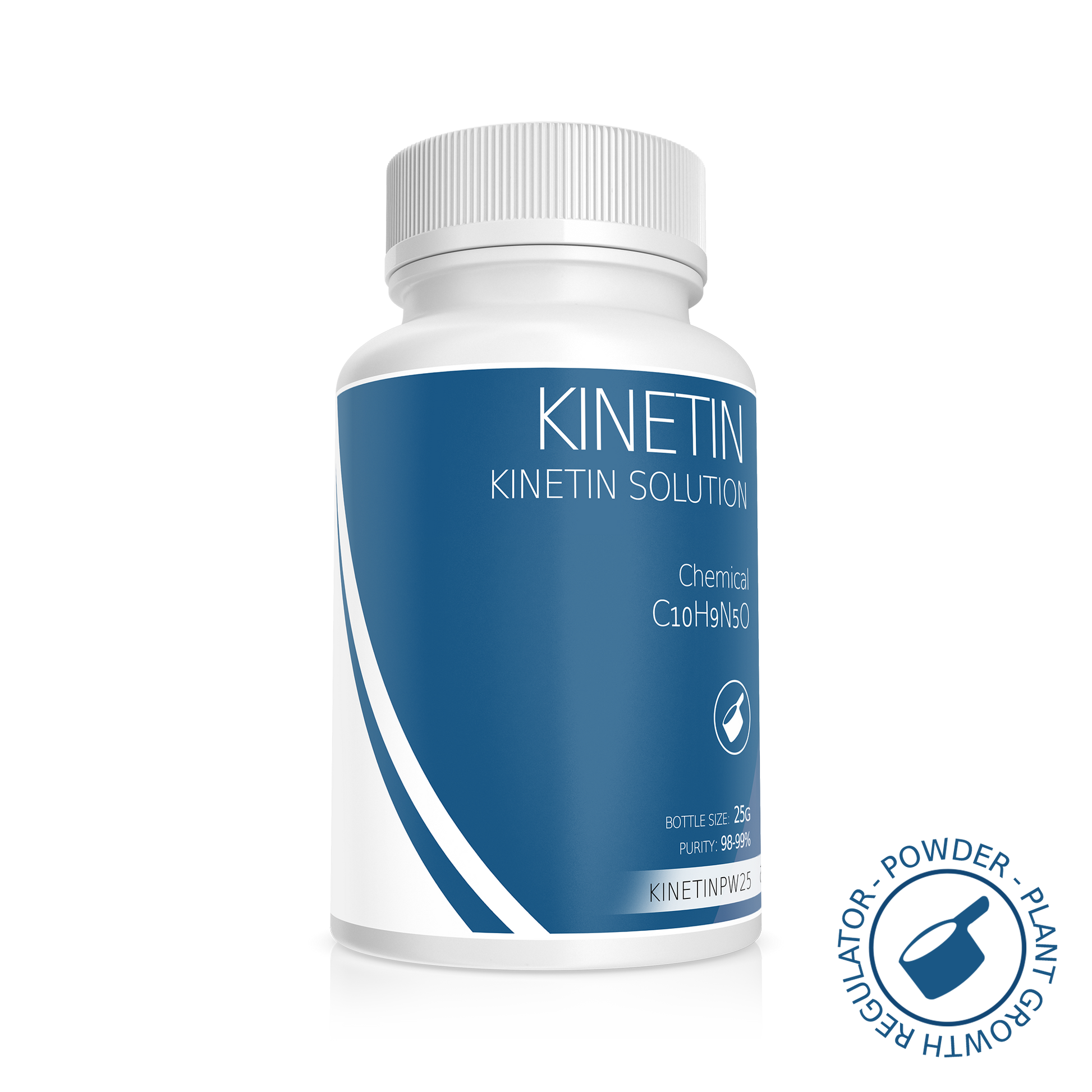 White opaque bottle with blue label listing Kinetin synthetic cytokinin, stimulating cell division in growth media.