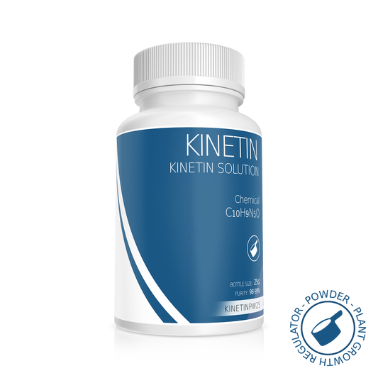 White opaque bottle with blue label listing Kinetin synthetic cytokinin, stimulating cell division in growth media.