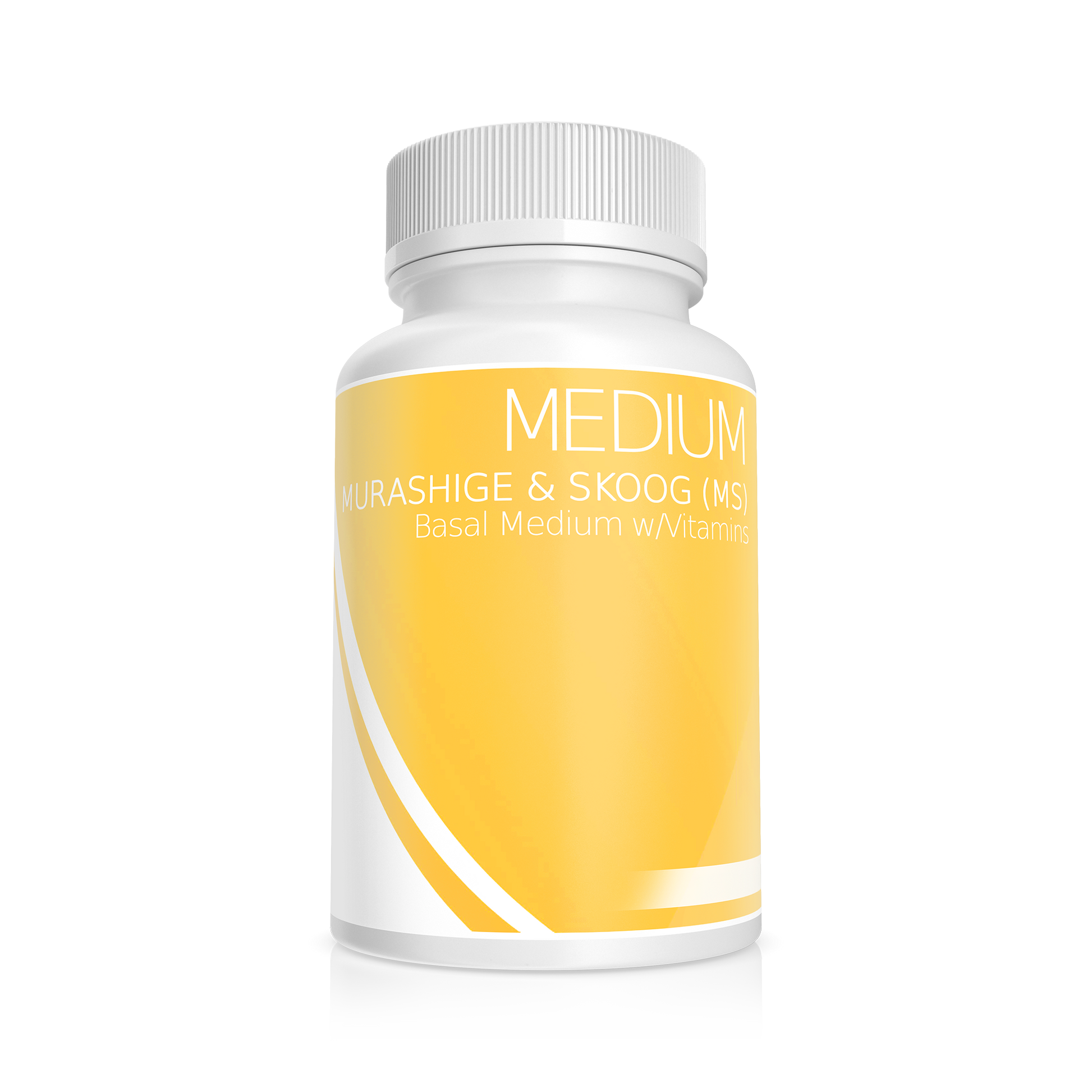 White opaque bottle with yellow label containing MS or Murashige and Skoog Media, a balanced nutrient mixture developed by Toshio Murashige and Folke Skoog for optimal plant tissue culture.
