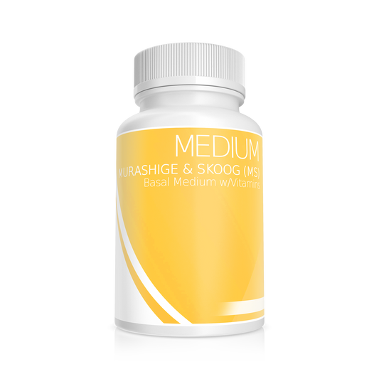 White opaque bottle with yellow label containing MS or Murashige and Skoog Media, a balanced nutrient mixture developed by Toshio Murashige and Folke Skoog for optimal plant tissue culture.