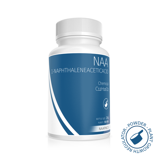White opaque bottle with blue label containing NAA synthetic plant hormone, facilitating rooting in agriculture and plant tissue culture.