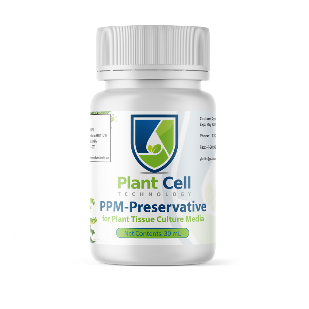 Image of PPM™ product packaging: opaque white bottle with PCT logo, 'Plant Preservative Mixture' title, and product details