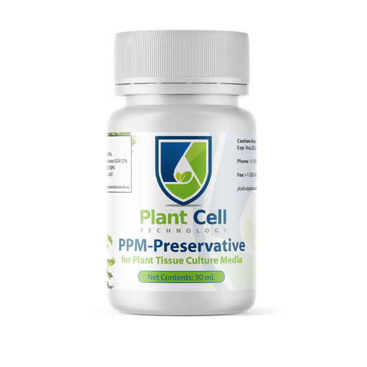 Image of PPM™ product packaging: opaque white bottle with PCT logo, 'Plant Preservative Mixture' title, and product details