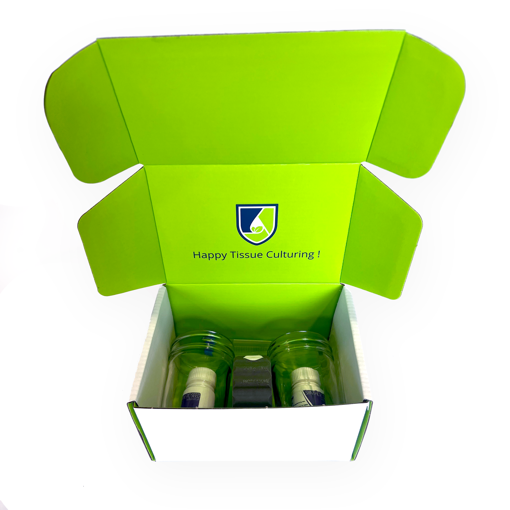 A bird's-eye view of the Synthetic Seed Starter Kit, emphasizing the snug fit of its contents, accompanied by a cheerful 'happy tissue culturing' message.
