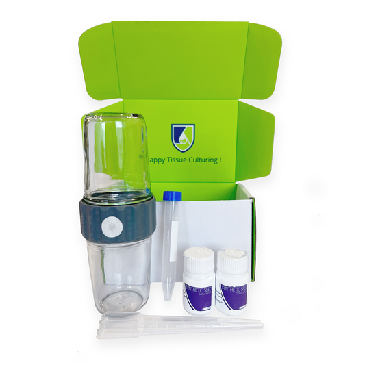 Displaying the contents of the Synthetic Seed Starter Kit, featuring all essentials for a successful start. A vibrant green box is adorned with the Plant Cell Technology logo and a cheerful 'happy tissue culturing' message.