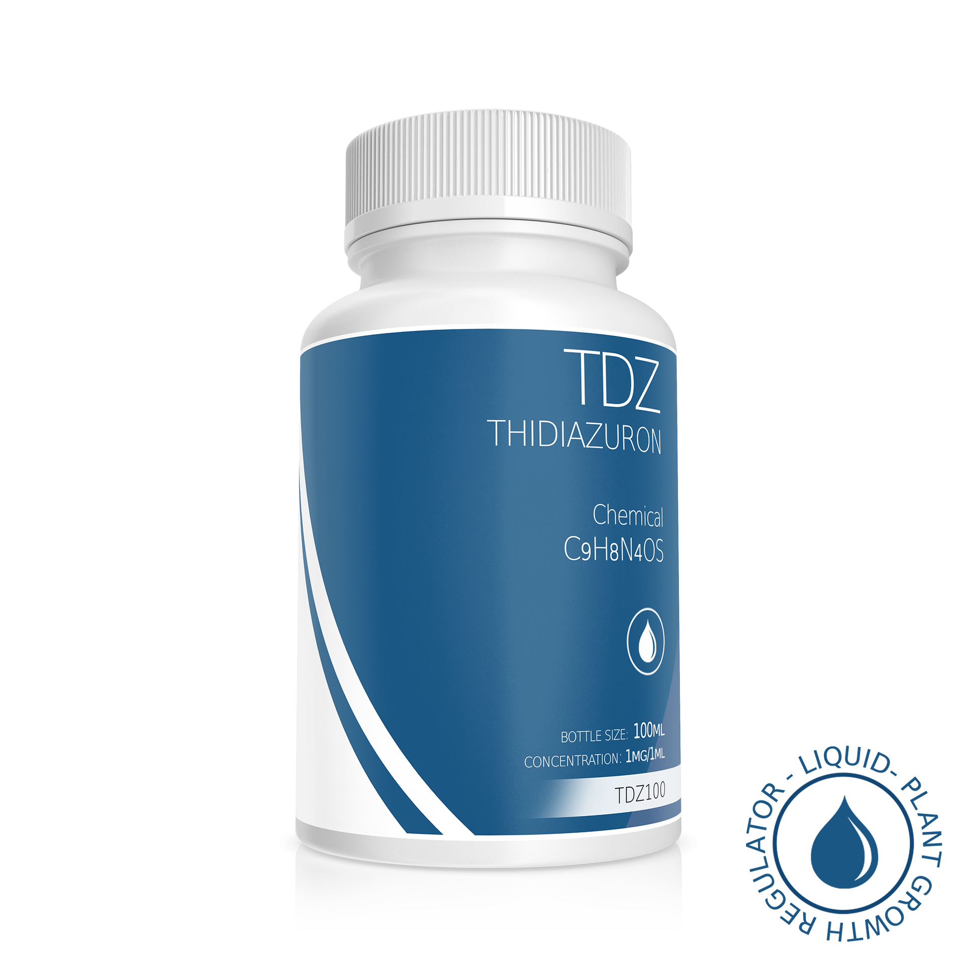 White opaque bottle with blue label showcasing TDZ plant growth regulator, promoting shoot regeneration, organogenesis, and somatic embryogenesis in plant tissue culture.