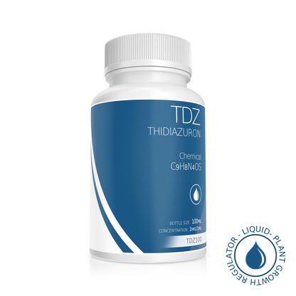 White opaque bottle with blue label showcasing TDZ plant growth regulator, promoting shoot regeneration, organogenesis, and somatic embryogenesis in plant tissue culture.