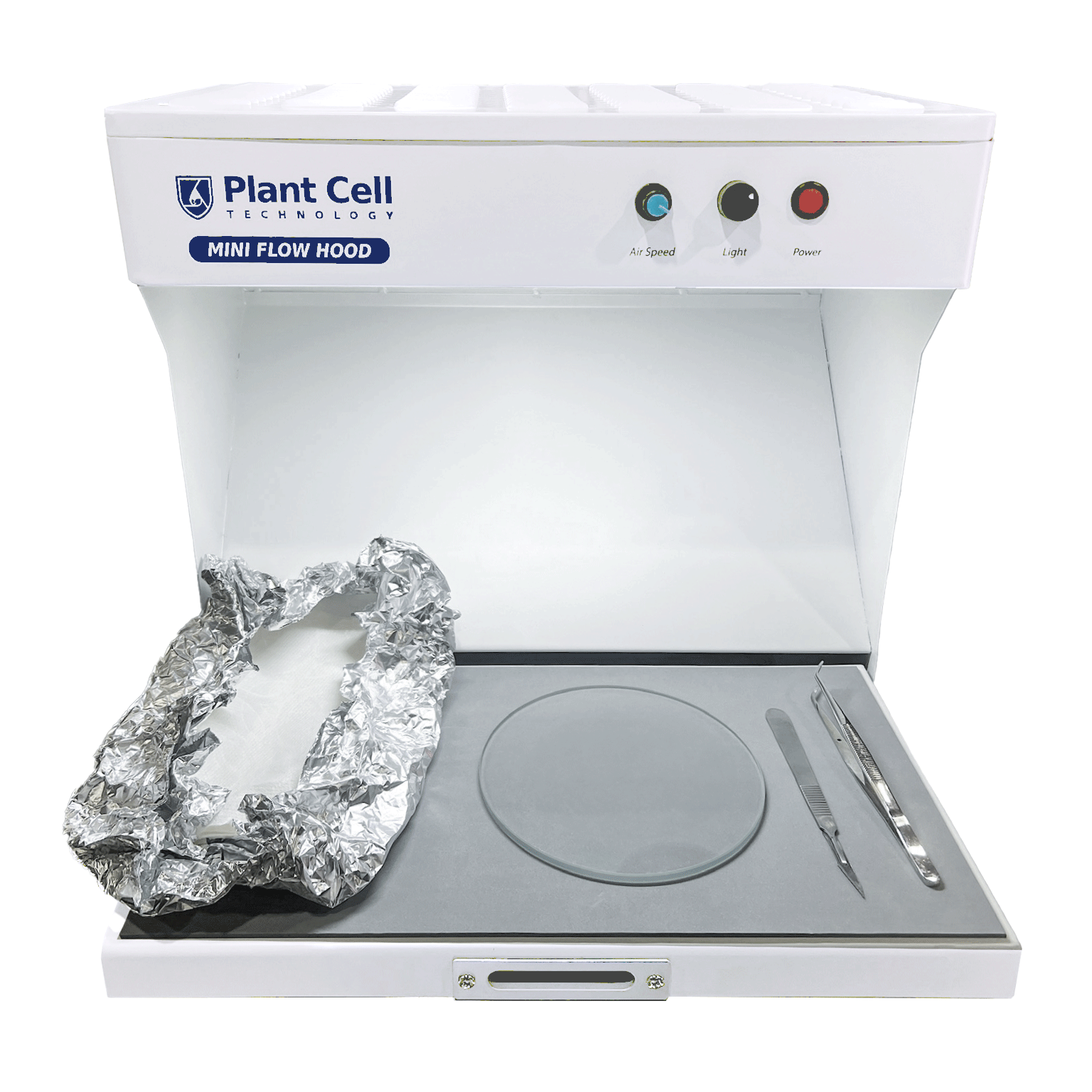 Image of 'The Mini' portable flow hood by Plant Cell Technology, featuring white design with navy blue writing and logo. It showcases multiple light options and adjustable fan strength. Tools appear on tray showcasing the ample size of the workspace.