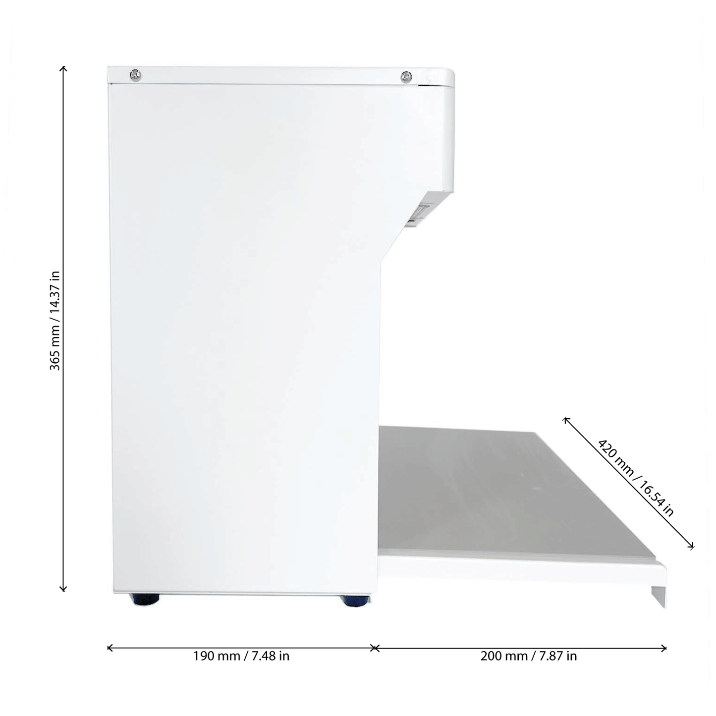 Image of 'The Mini' portable flow hood by Plant Cell Technology, featuring white casing. Image is taken from the side angle with information on dimensions provided.