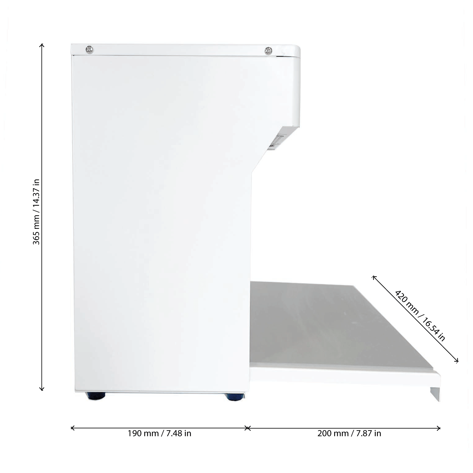Image of 'The Mini' portable flow hood by Plant Cell Technology, featuring white casing. Image is taken from the side angle with information on dimensions provided.