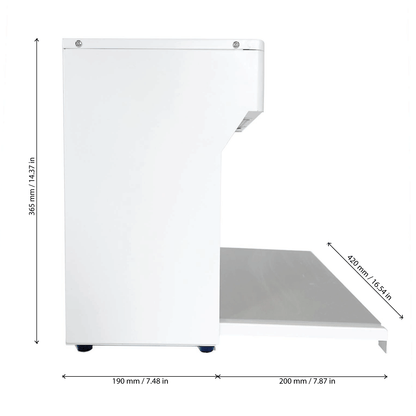 Image of 'The Mini' portable flow hood by Plant Cell Technology, featuring white casing. Image is taken from the side angle with information on dimensions provided.